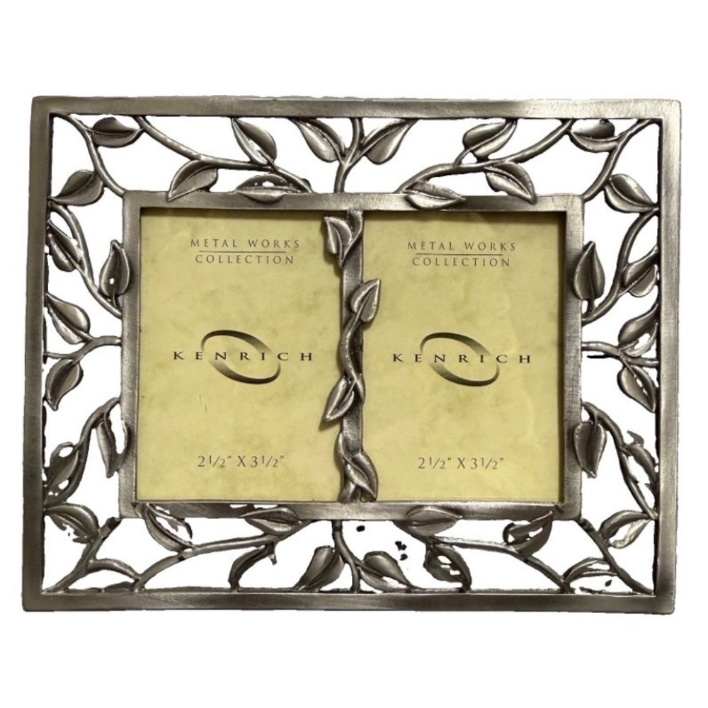 Kenrich Metal Works Double Picture Frame Pewter Leaf Vine 2.5x3.5 Tabletop Decor